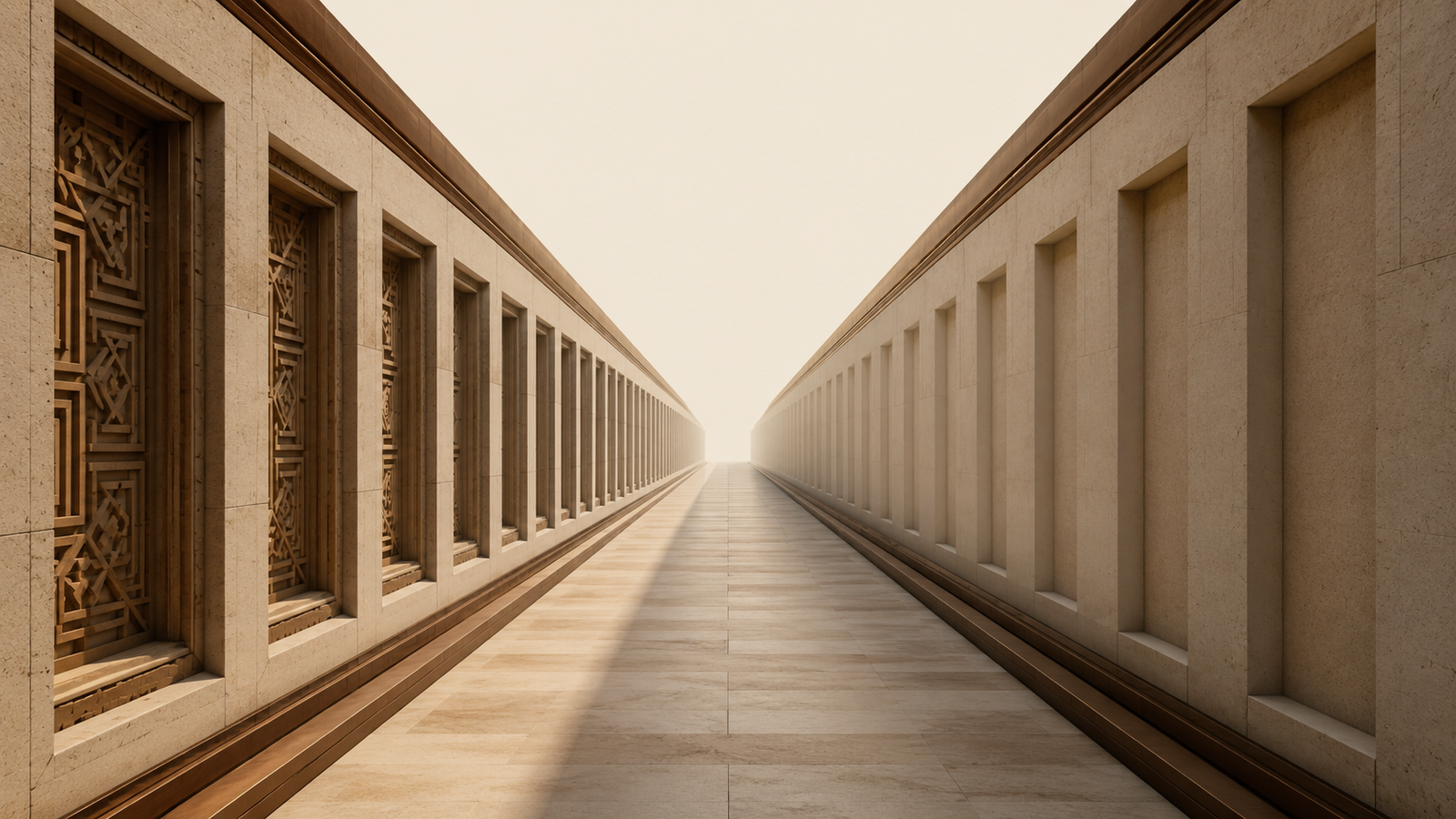 Heritage language represented by a long architectural corridor where carved stone details gradually fade across generations.