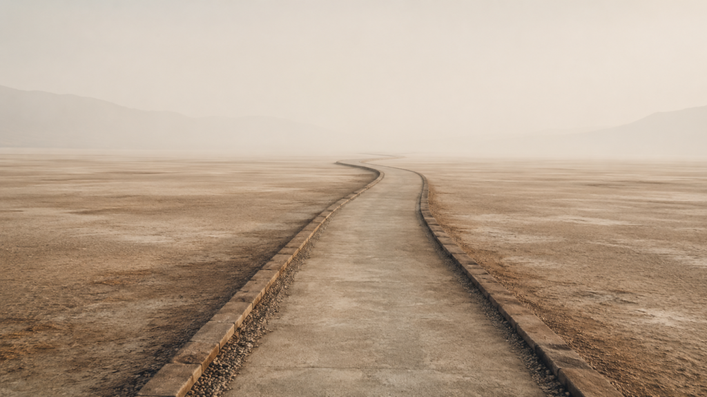 Ultra-wide minimalist architectural illustration of a narrow maintained pathway extending into soft atmospheric distance with no visible destination, symbolizing trust and continuation despite incomplete visibility.