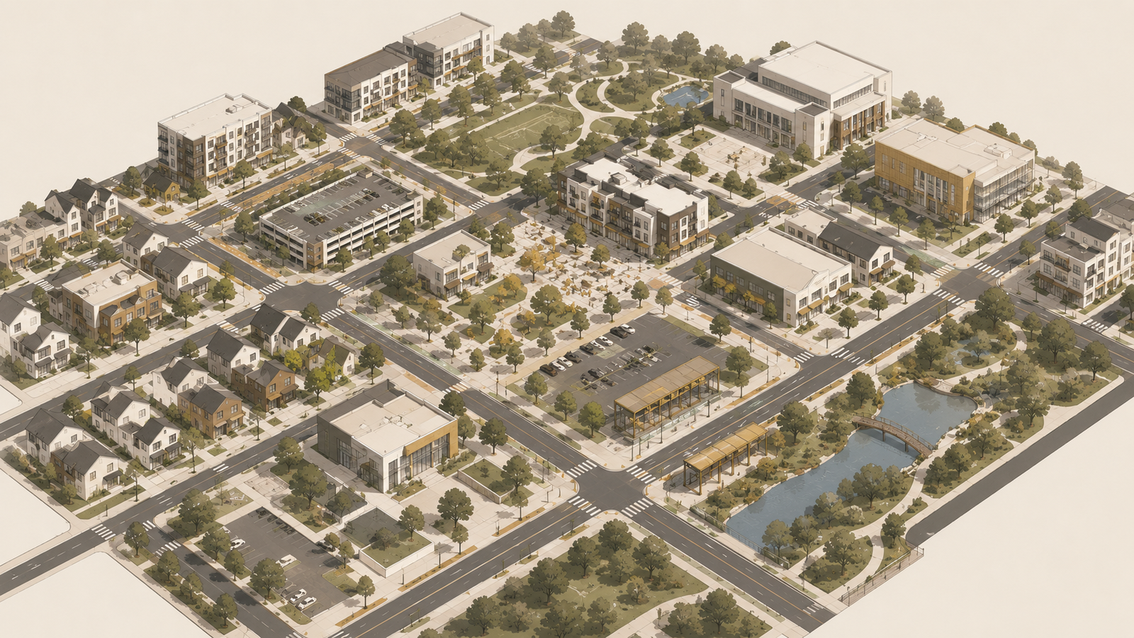 Minimalist architectural illustration showing an interconnected city with sidewalks, transit, public spaces, housing, parks, and civic infrastructure working together as one urban system.