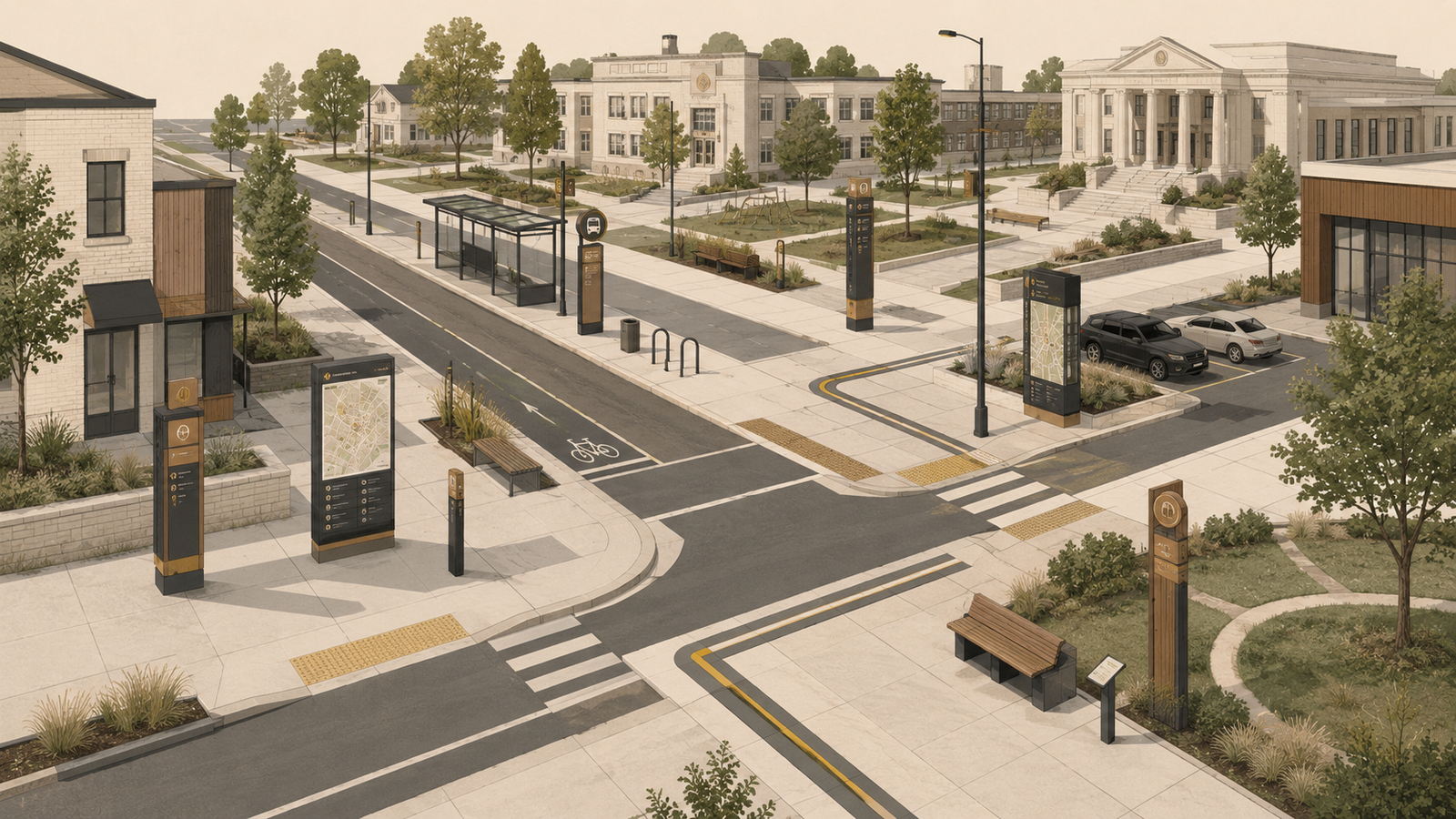 Minimalist editorial illustration showing an interconnected neighborhood with integrated wayfinding signs guiding movement between transit, civic buildings, sidewalks, parks, and local businesses.