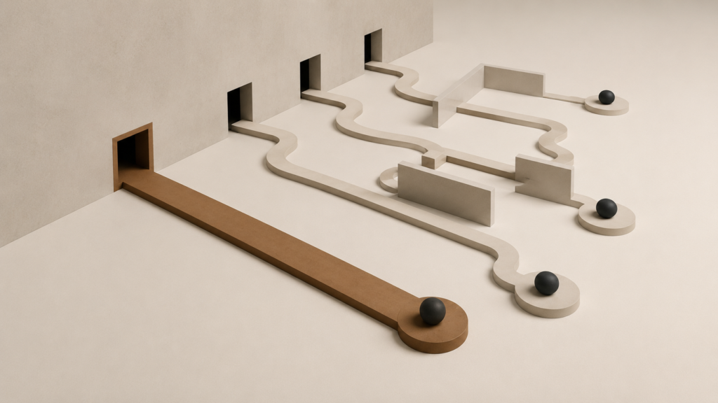 Minimalist editorial illustration showing selective responsiveness through interrupted communication pathways and uneven access.