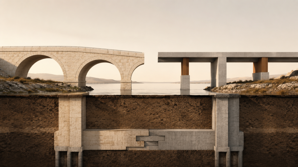 Two architecturally different bridges joined by a shared underground foundation, representing compatibility built through aligned values rather than outward similarity.