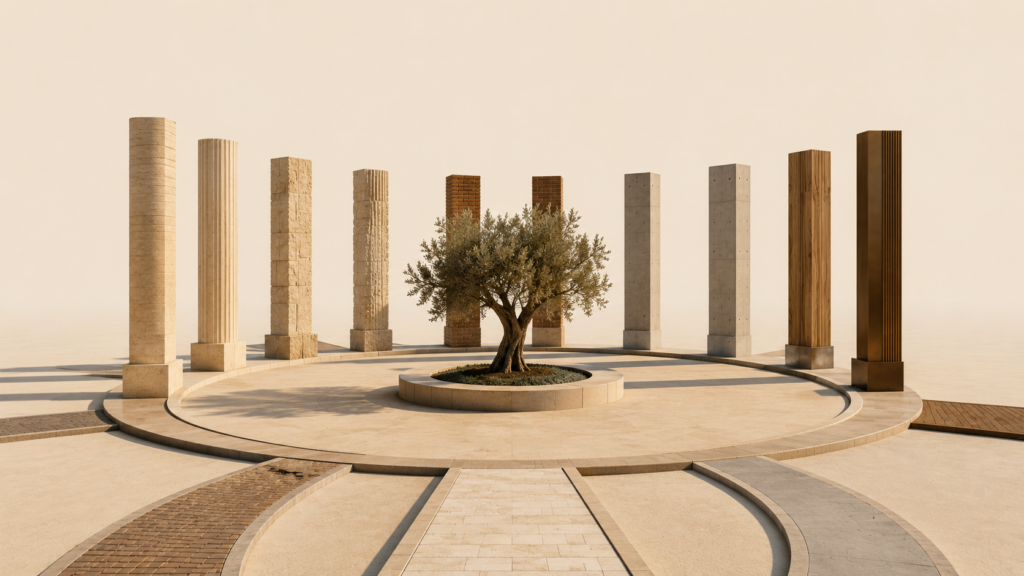 Minimalist architectural courtyard formed by freestanding columns surrounding a rooted tree, representing belonging, cultural identity, and home beyond geography.