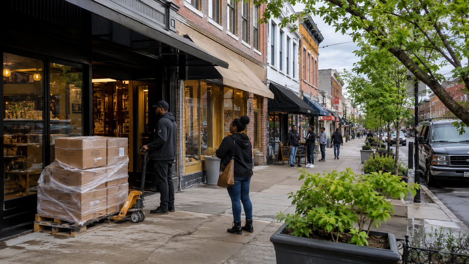 Local Economic Coordination Along a Neighborhood Corridor Neighborhood commercial corridor showing local economic coordination through storefront deliveries, customer movement, and independently operated businesses