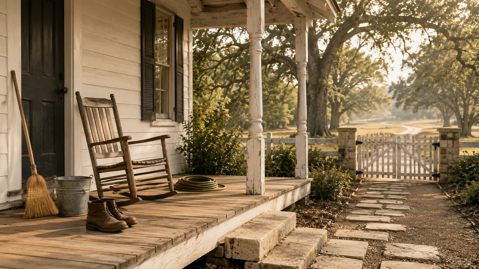 Quiet Southern front porch with rocking chair, broom, boots, bucket, and garden hose representing consistency vs motivation through steady daily care.