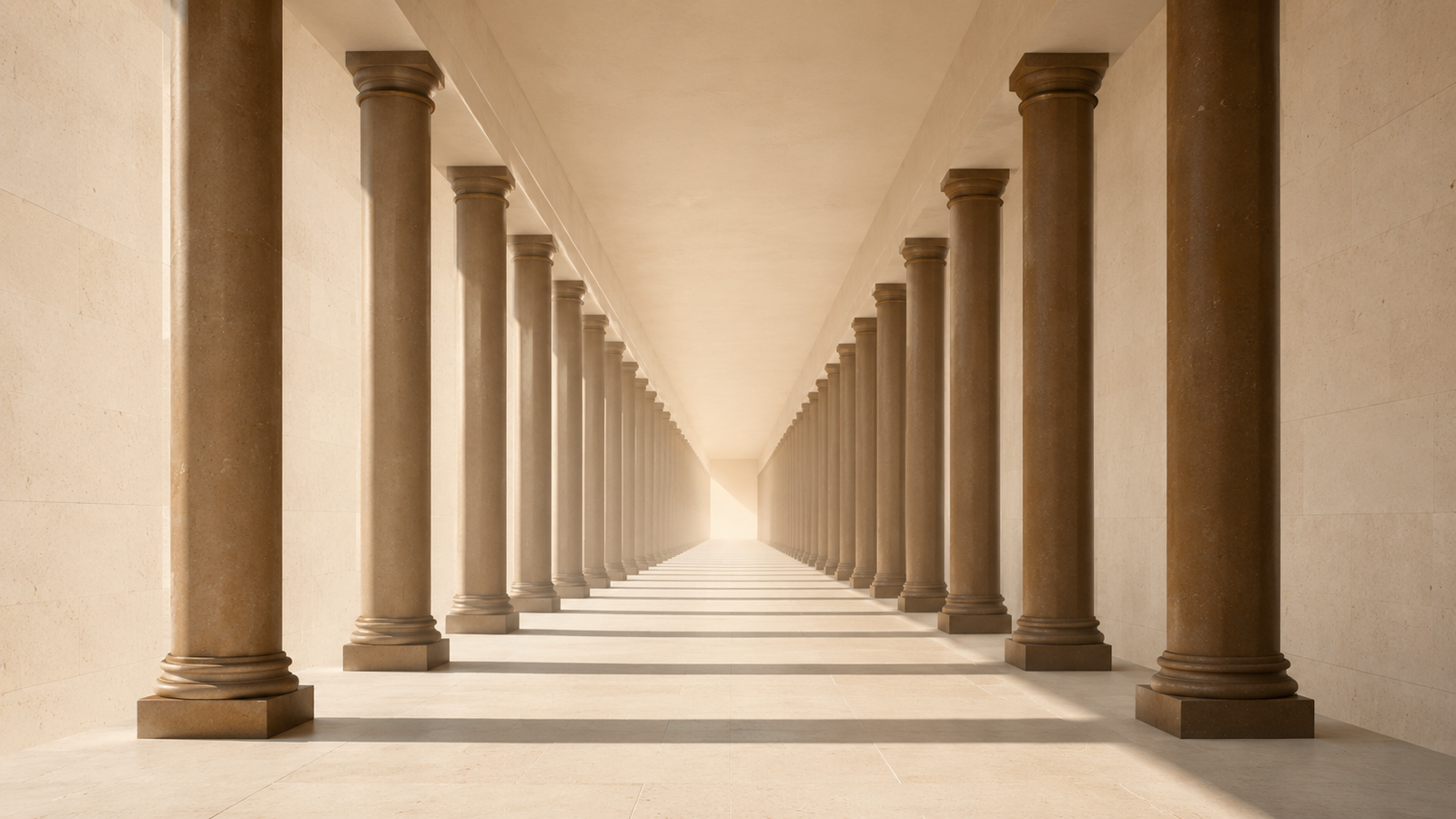 Monumental limestone corridor with evenly spaced clay-brown columns fading into soft morning light, symbolizing God’s enduring presence even in seasons of silence.