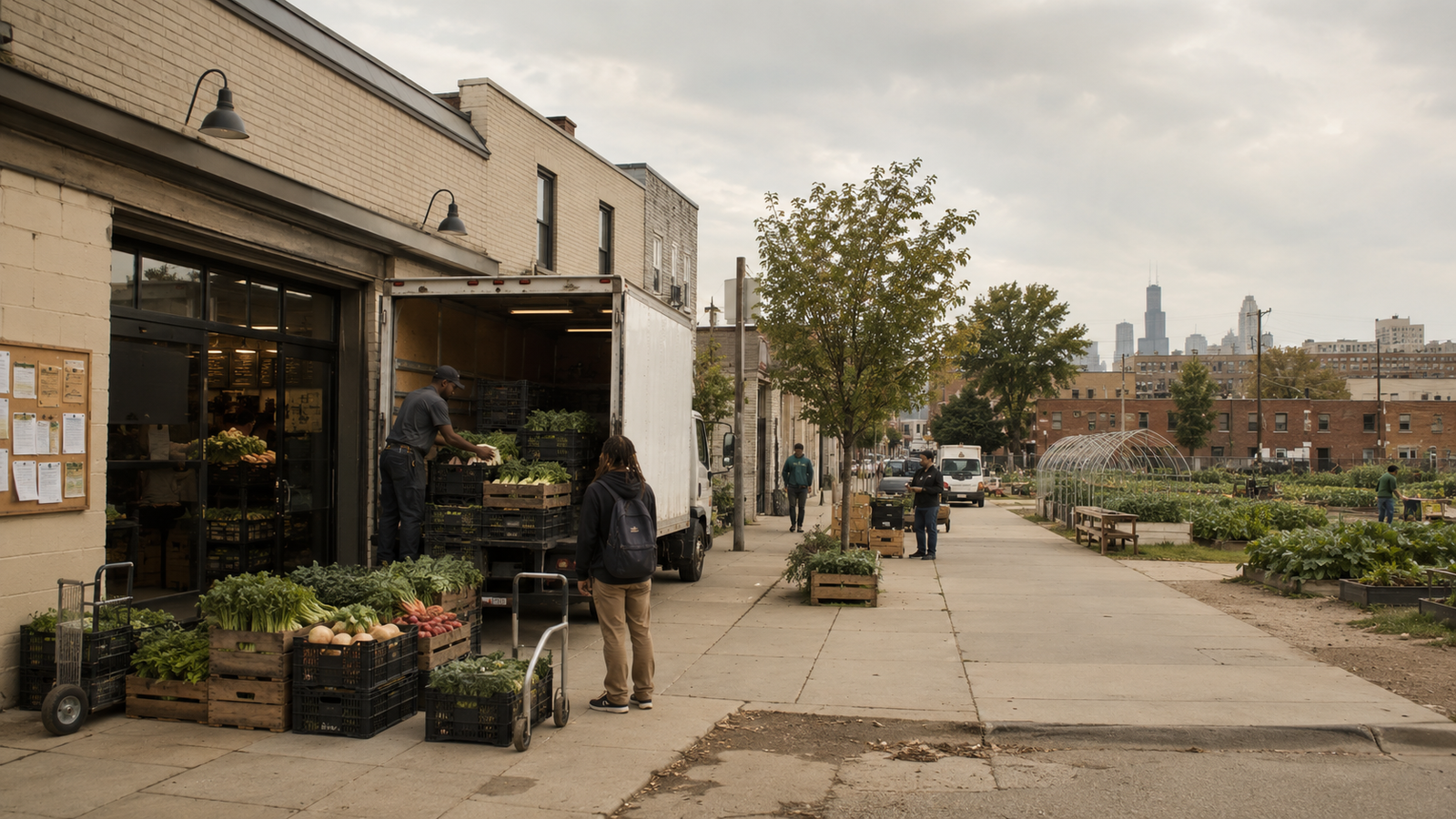 Neighborhood grocery store operating as community food infrastructure with local produce deliveries, urban food production, neighborhood participation, and visible distribution systems.