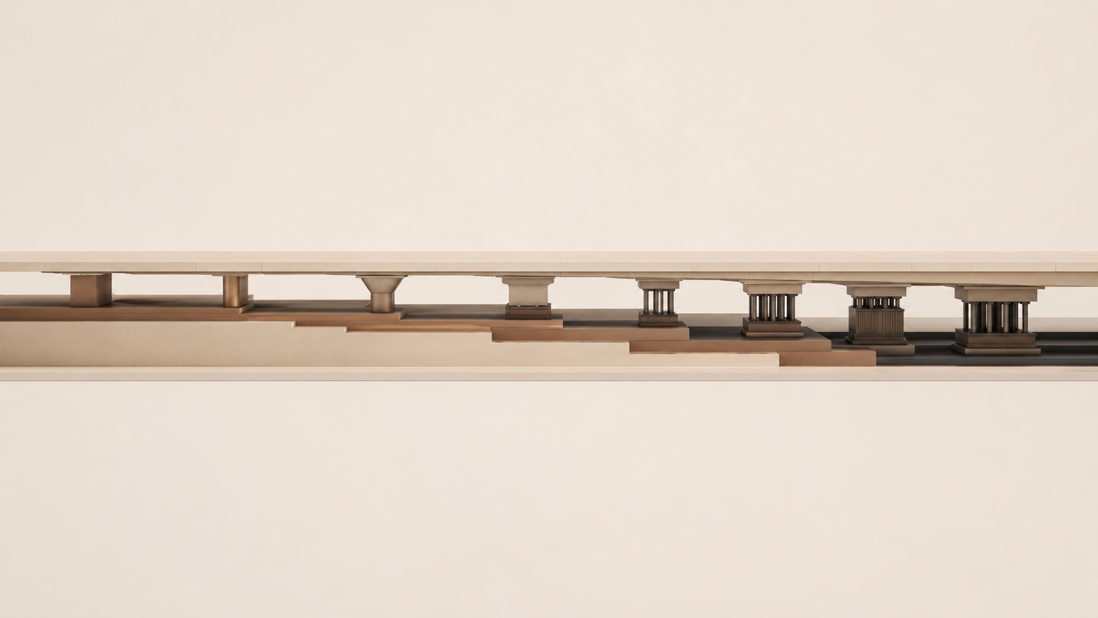 Minimalist editorial architectural illustration showing a continuous civic structure supported by changing underlying transfers to represent institutional translation between agreement and execution