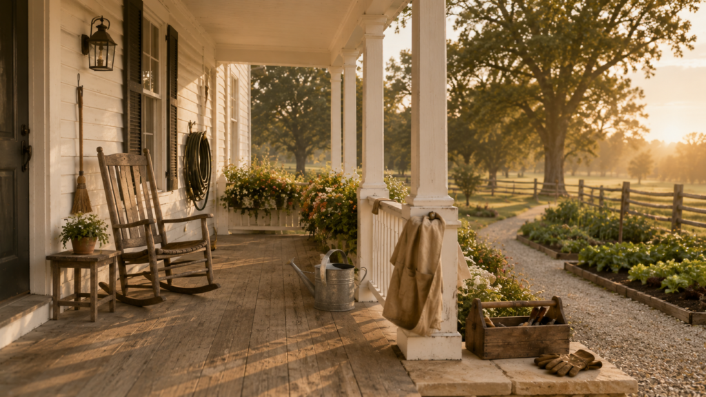 A carefully maintained Southern front porch with a rocking chair, toolbox, broom, watering can, flower boxes, and garden representing stewardship and the quiet habits that reveal character.