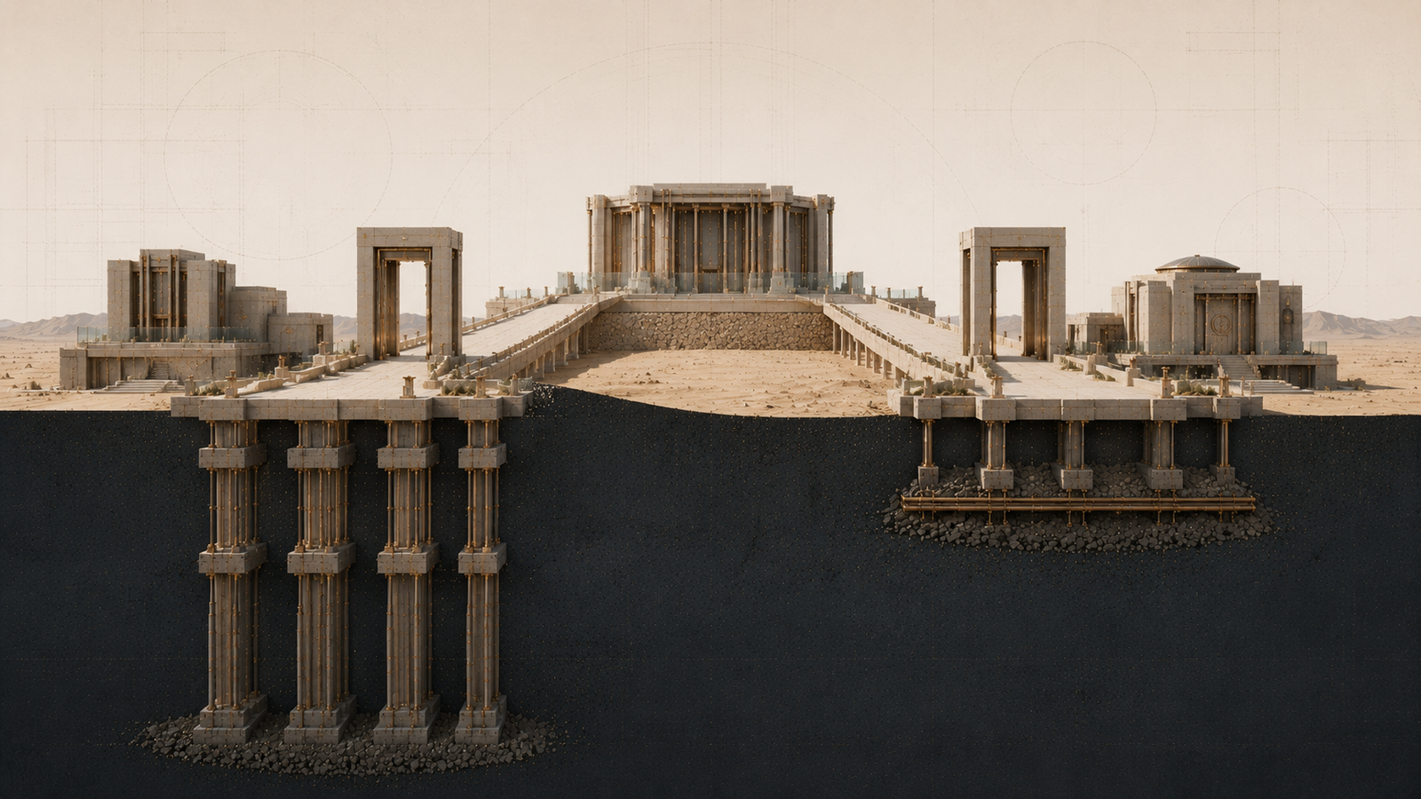 Architectural illustration showing two constitutional pathways supported by different legal foundations, representing administrative warrants and judicial warrants.