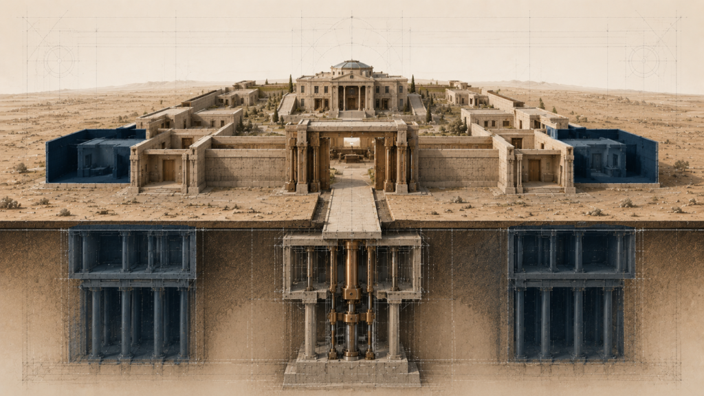 Architectural illustration showing a protected residence with a limited constitutional pathway representing the authority granted by an arrest warrant.