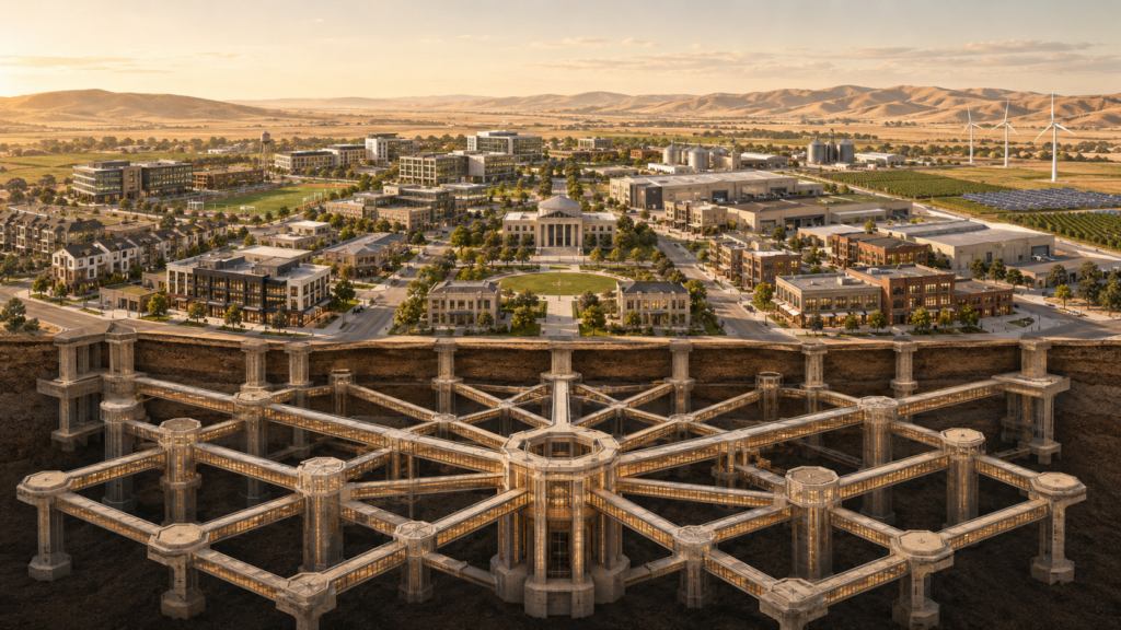 Editorial architectural illustration showing an interconnected ownership economy where businesses, institutions, capital, education, and infrastructure form one integrated economic ecosystem.