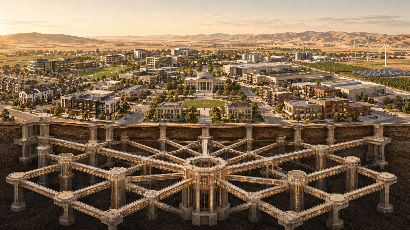 Building an Ownership Economy That Lasts Ownership economy shown as a connected civic system supported by property, finance, production, institutions, education, trust, and community investment.