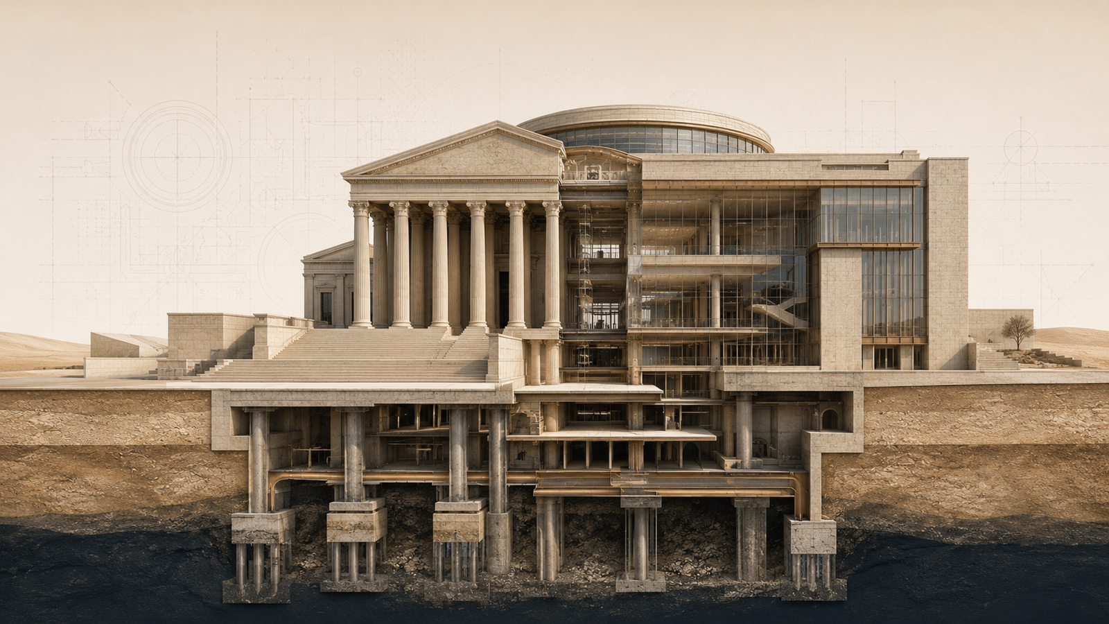 Architectural illustration representing institutional literacy, constitutional authority, civic systems, and legal structure.