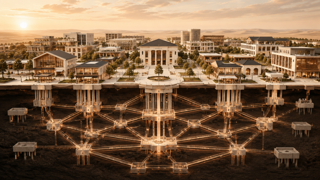 Editorial architectural illustration showing interconnected civic buildings supported by a hidden structural network representing economic trust and social capital.