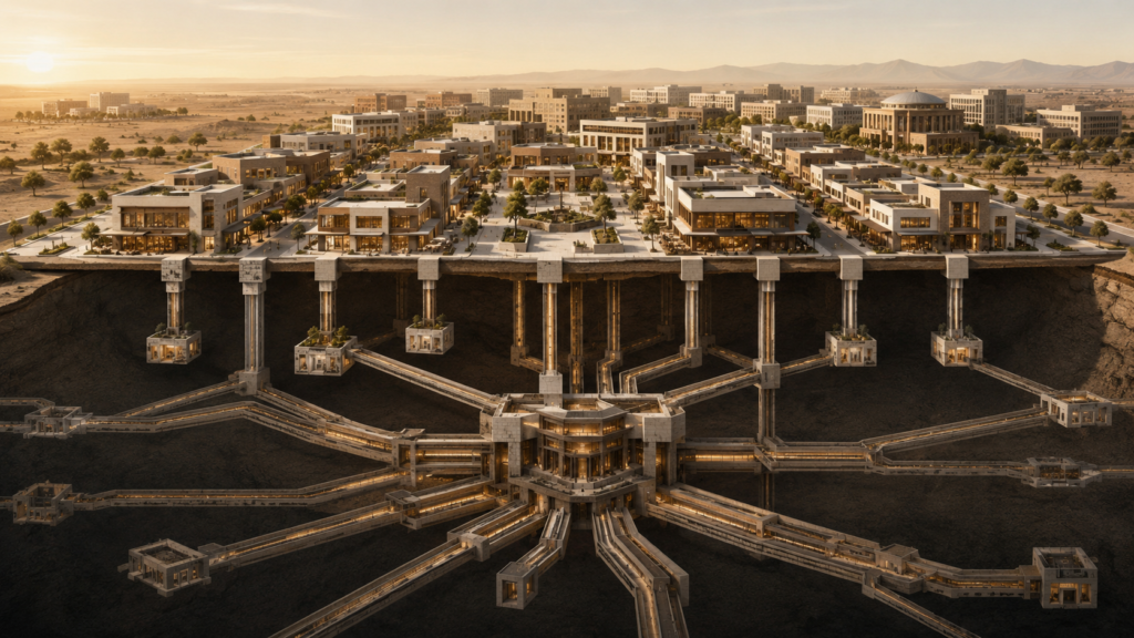Architectural illustration showing a thriving commercial district where most economic foundations connect to distant ownership systems rather than remaining within the local community.