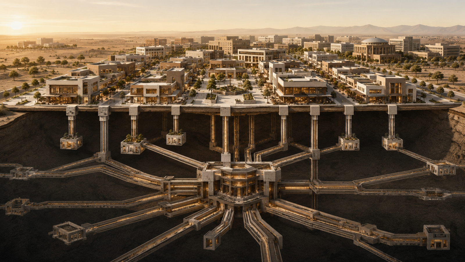 Buying power without ownership shown through a thriving commercial district with underground economic foundations flowing toward distant ownership systems.