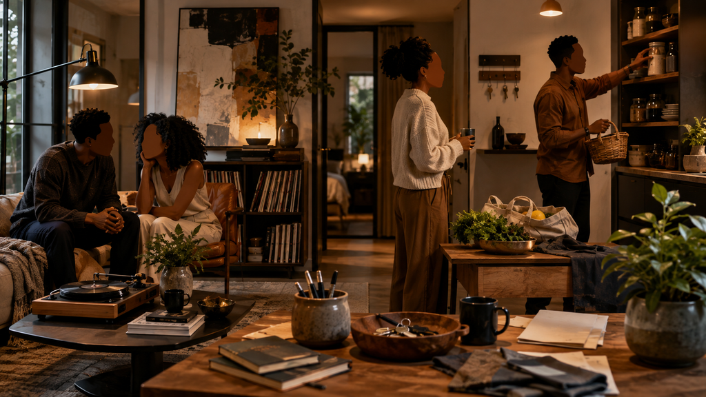 Two Black adults share a structured living space illustrating chemistry, attraction, compatibility, commitment, and the foundations of sustainable relationships.