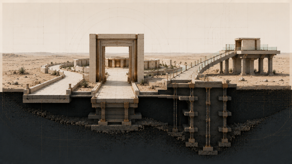 Architectural illustration showing two constitutional pathways into protected civic space, representing voluntary consent searches and searches based on independent legal authority.