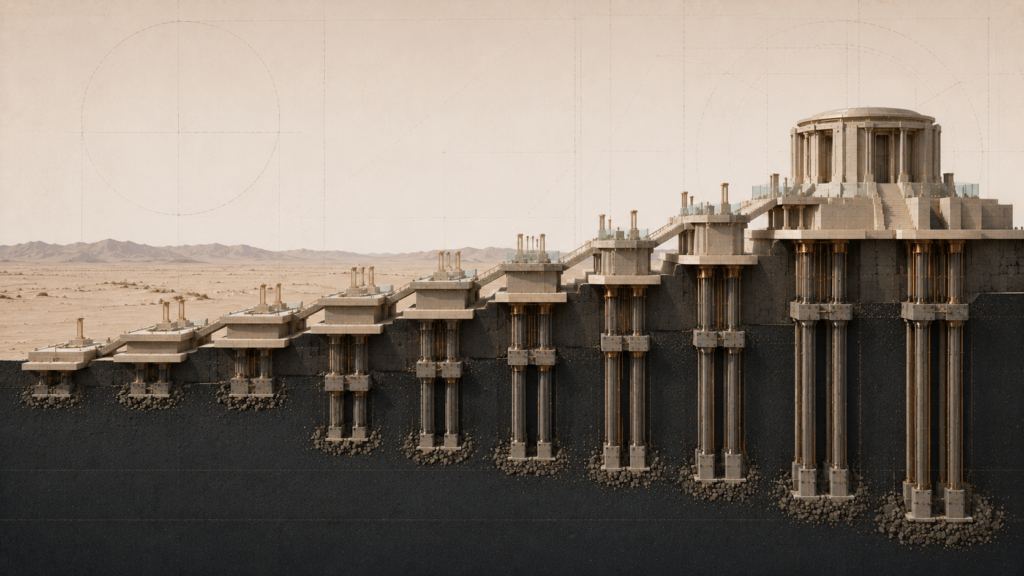 Architectural illustration showing progressively elevated constitutional platforms supported by increasingly deeper structural foundations, representing the escalation of governmental authority through successive legal standards.