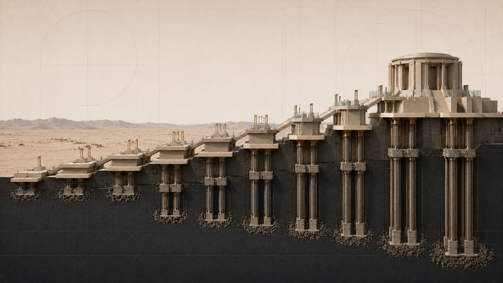 Architectural illustration showing progressively elevated constitutional platforms supported by increasingly deeper structural foundations, representing the escalating legal thresholds required for government authority.