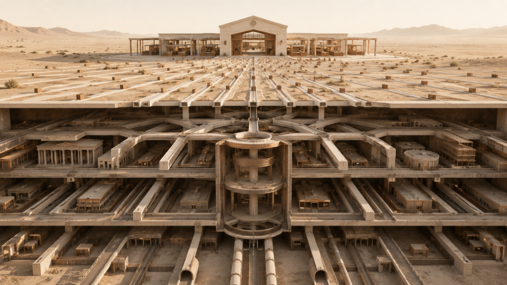 Architectural illustration showing individual consumer pathways above ground and a massive institutional foundation beneath the marketplace.