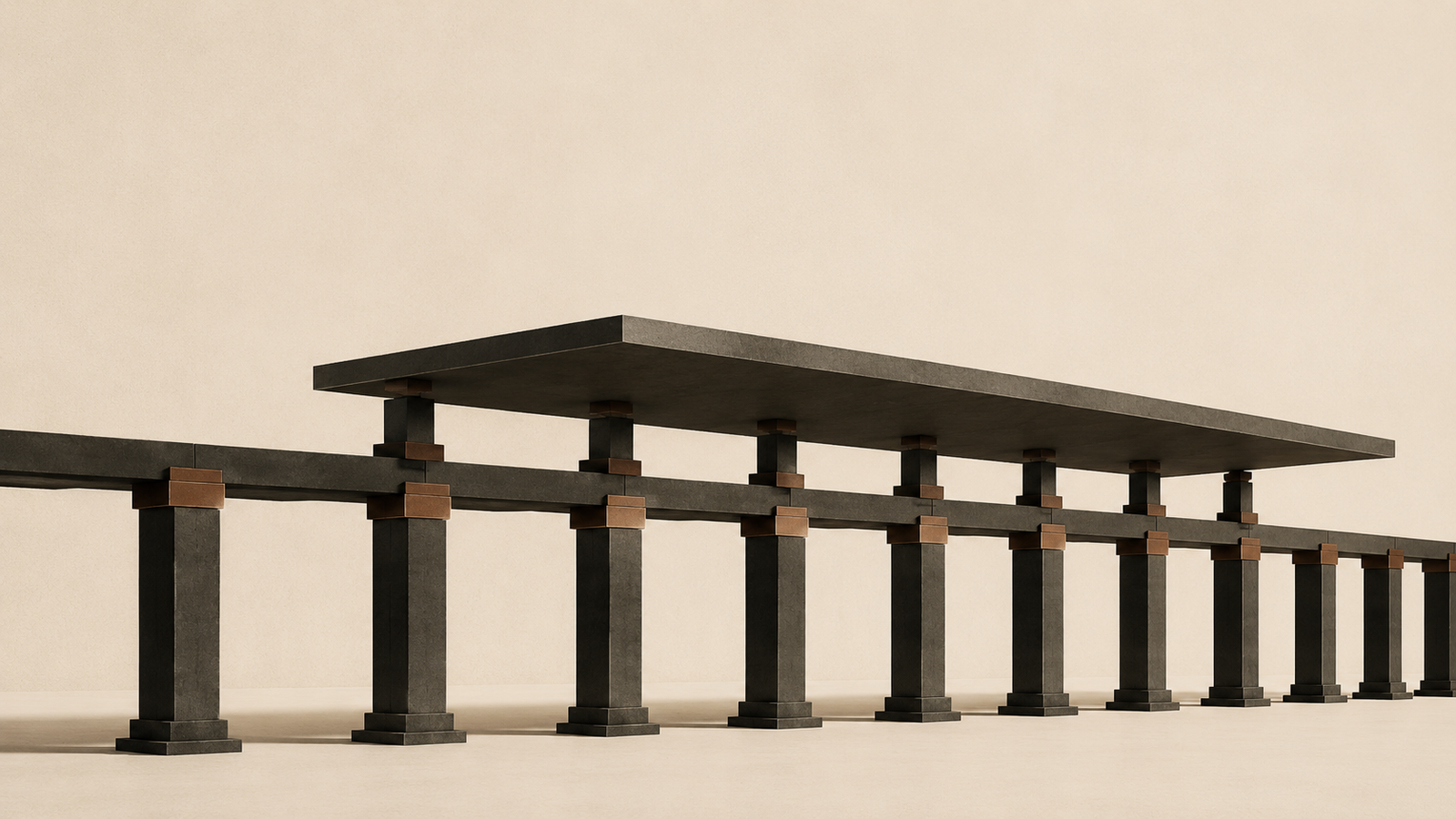 Minimalist architectural framework of aligned columns and beams supporting a balanced platform, illustrating disciplined structure as the foundation for lasting financial freedom.