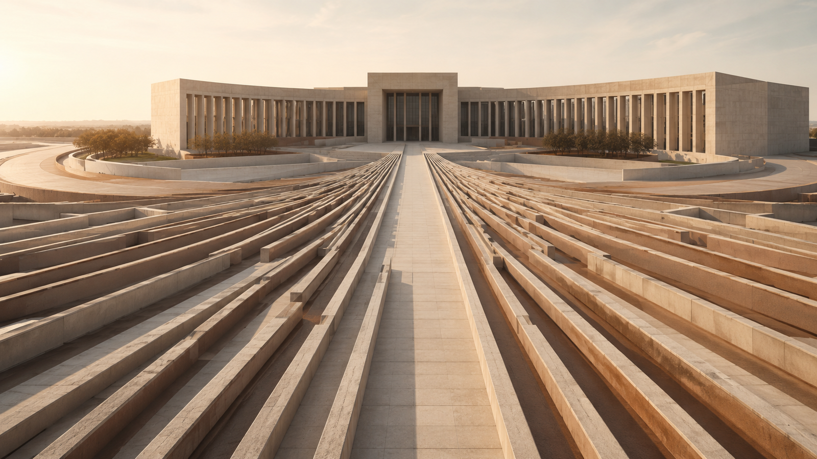 Editorial architectural illustration representing local government as interconnected civic institutions that shape everyday community life.