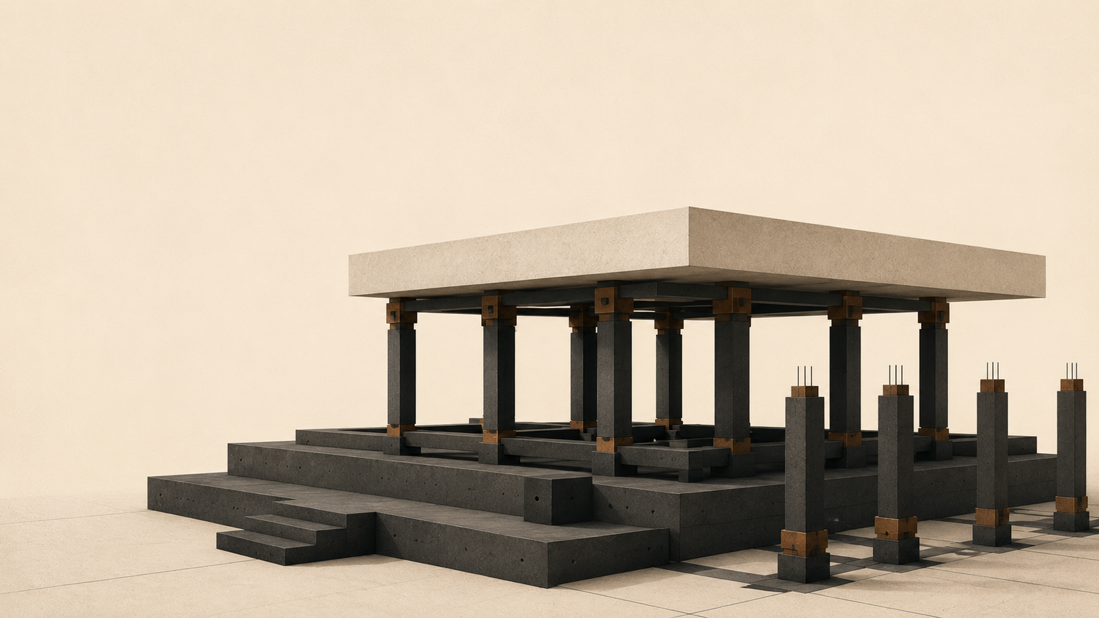 Minimalist architectural illustration showing a completed structural foundation supporting an elevated platform, symbolizing disciplined financial behavior before investing.