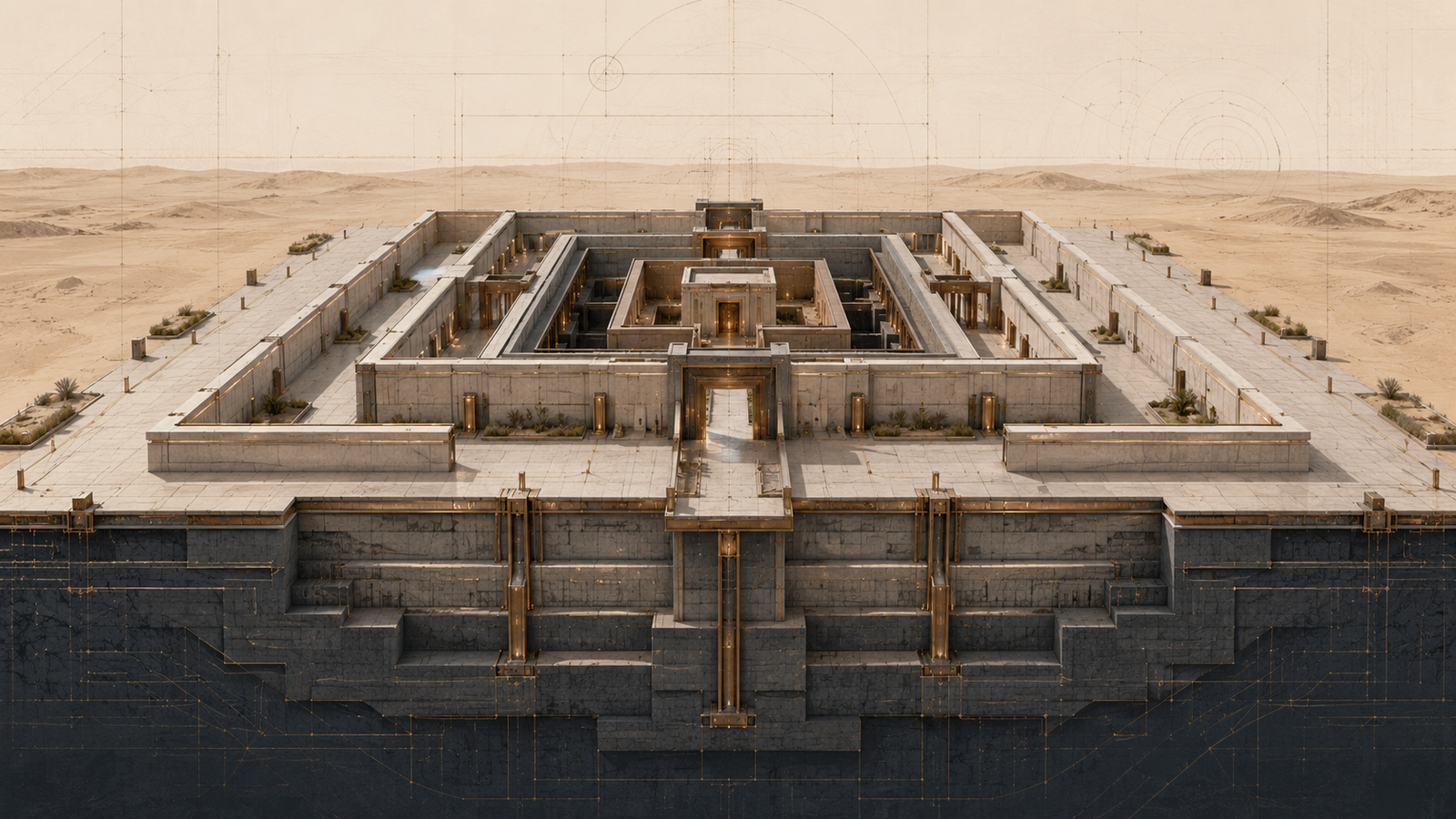 Architectural illustration showing four progressively protected constitutional layers, from open public space to the highest expectations of privacy, with deeper structural foundations representing stronger Fourth Amendment protections.