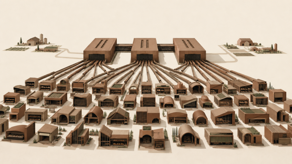 Many distinct storefronts connect to only three centralized processing buildings, illustrating the illusion of choice in the industrial food system.
