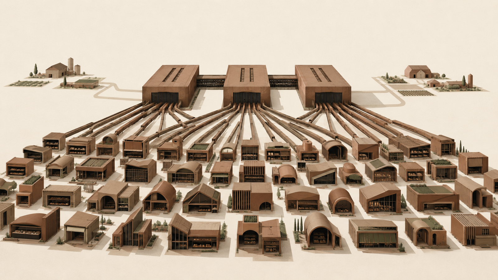 Many distinct storefronts connect to only three centralized processing buildings, illustrating the illusion of choice in the industrial food system.