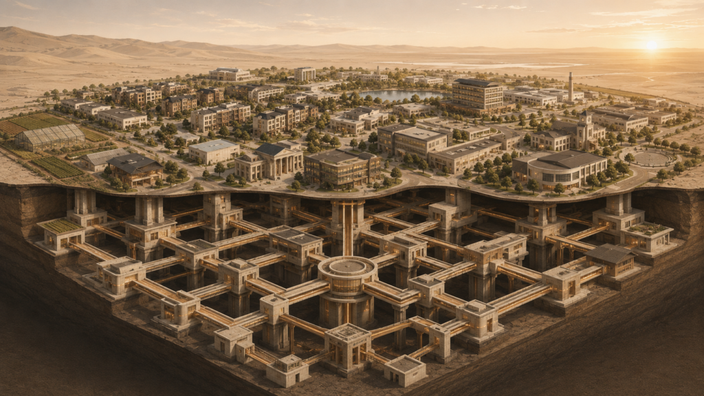 Architectural illustration showing businesses, institutions, and community assets connected through deep ownership systems that reinforce one another.