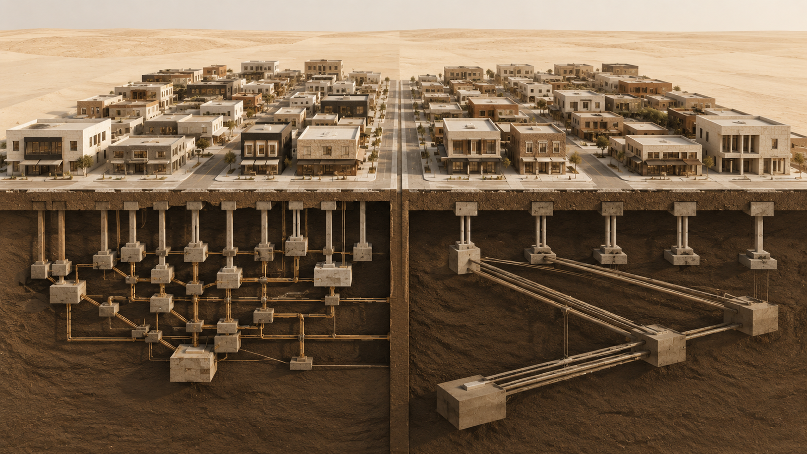 Architectural illustration revealing hidden ownership structures beneath a neighborhood through a structural cutaway.