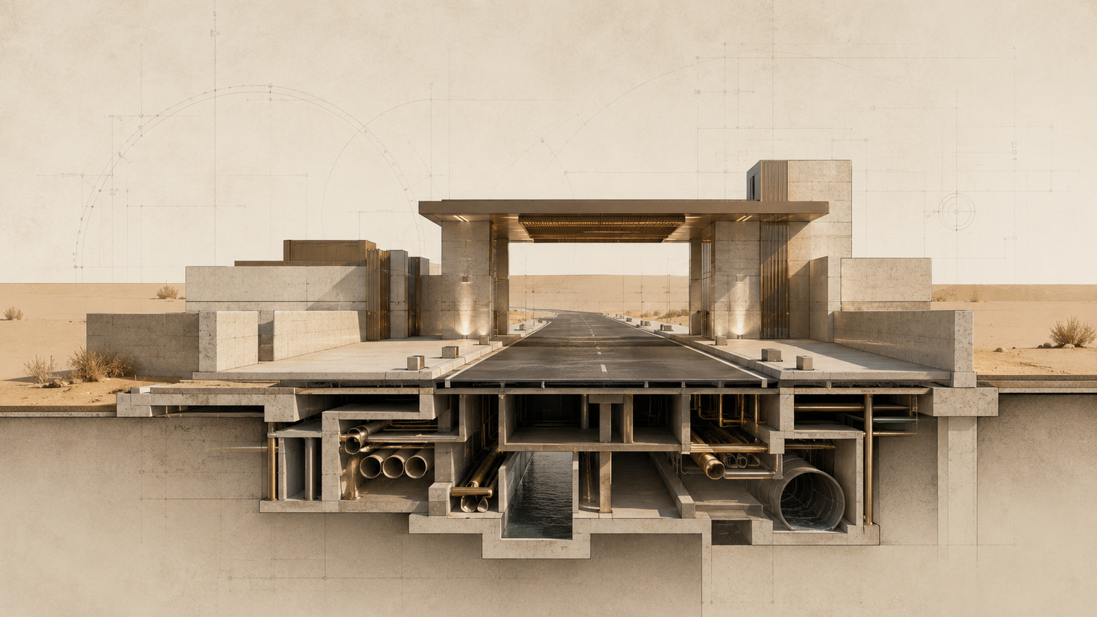 Police stop rights illustrated through a minimalist architectural roadway checkpoint with exposed infrastructure representing the constitutional systems that govern lawful police encounters.