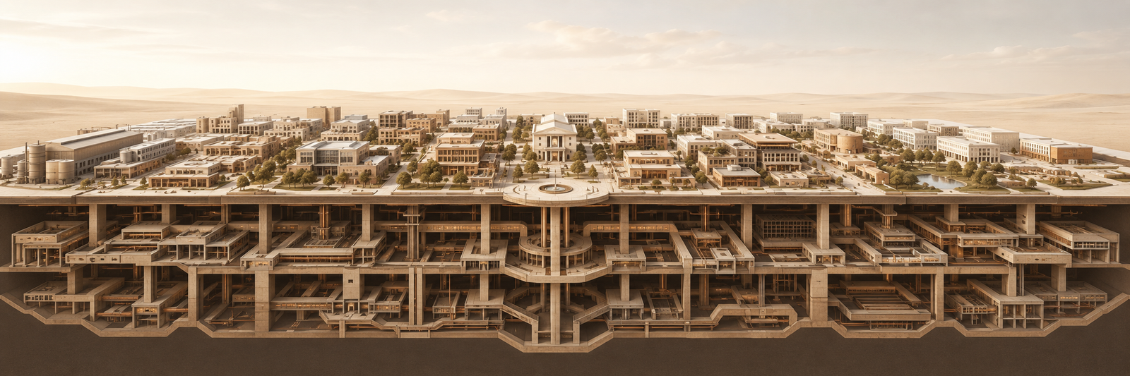 Editorial architectural illustration showing an integrated economic ecosystem supported by hidden ownership, financial, institutional, and supply chain infrastructure.