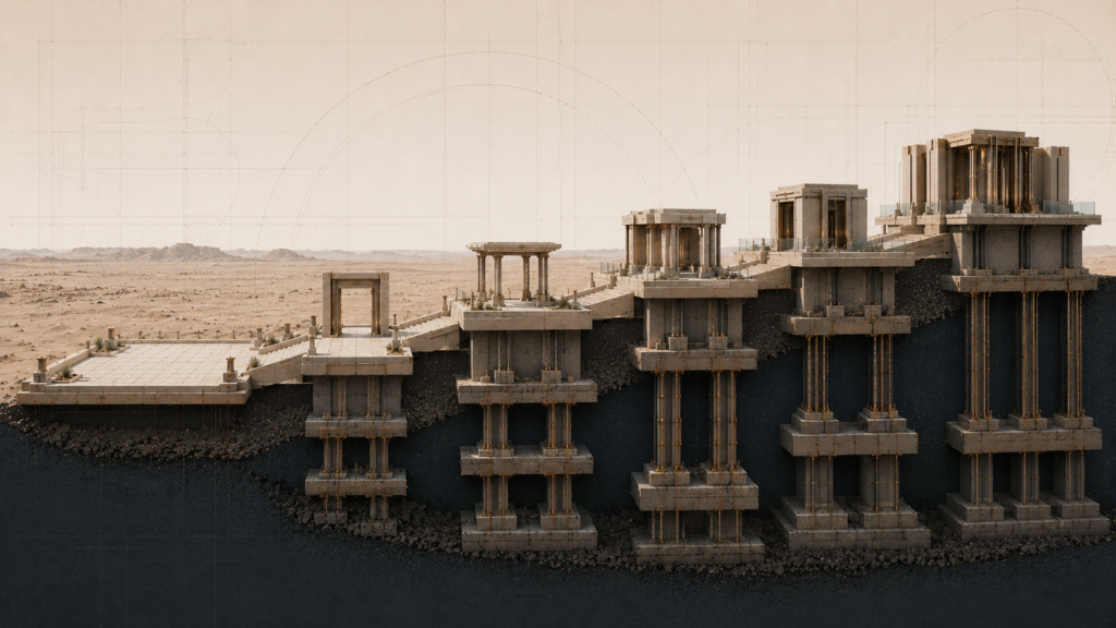 Architectural illustration showing progressively elevated constitutional platforms representing the increasing legal standards from voluntary encounters to reasonable suspicion, probable cause, arrest, and judicial process.