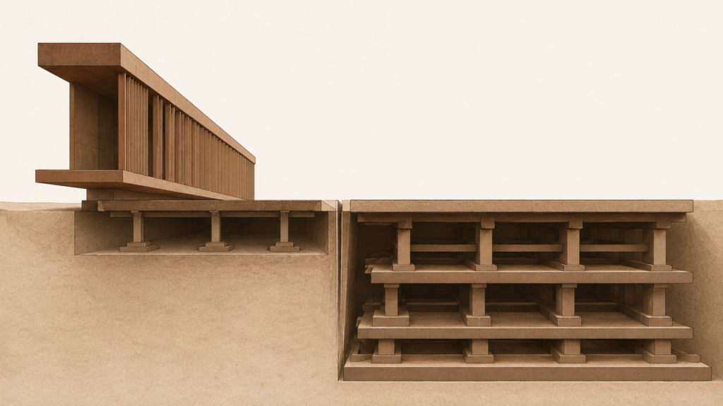 Minimalist architectural illustration of the Recognition-to-Equity Gap showing a prominent shallow facade beside a deep, durable financial foundation.