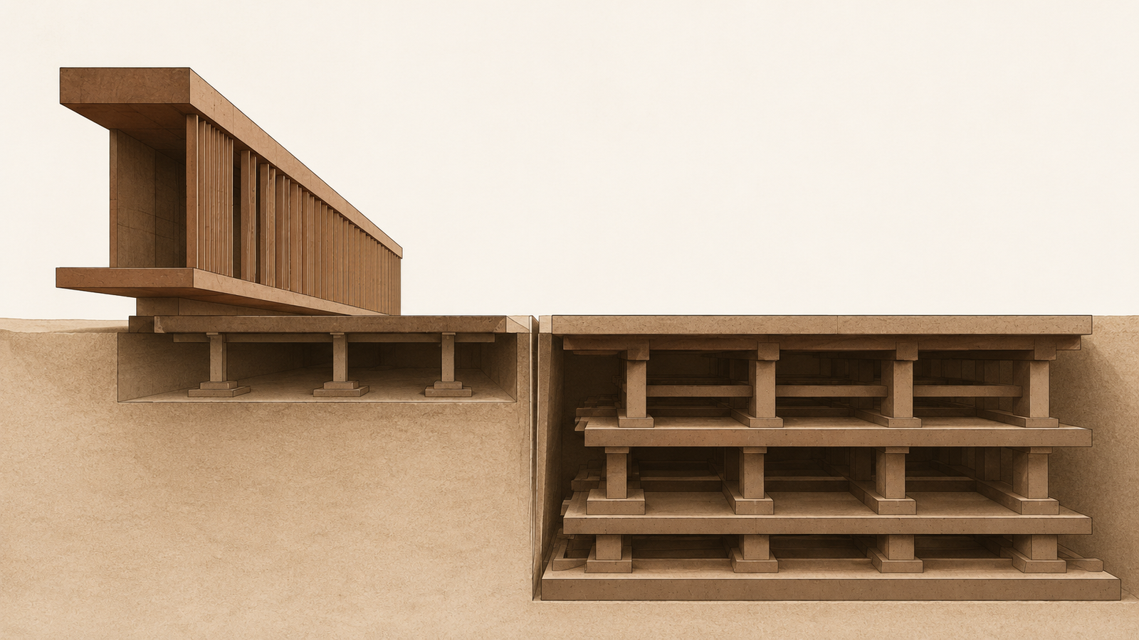 Minimalist architectural illustration of the Recognition-to-Equity Gap showing a prominent shallow facade beside a deep, durable financial foundation.