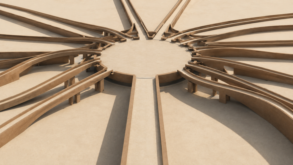 Minimalist editorial illustration showing an organized digital infrastructure where multiple data streams converge into a structured filtering system before narrowing into a single dominant pathway. The composition symbolizes how recommendation algorithms determine what information reaches people, emphasizing invisible technological influence over attention and decision-making. Warm sand background with clay brown architectural forms and soft charcoal accents.