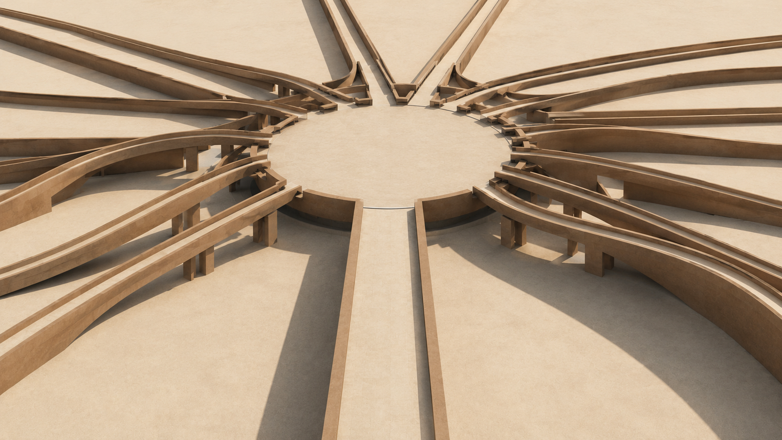 Minimalist architectural illustration of multiple pathways converging on a central plaza, symbolizing how technology reallocates human attention.