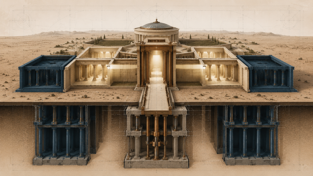 Architectural illustration showing a constitutional archive with illuminated chambers representing the limited scope of a judicial search warrant.