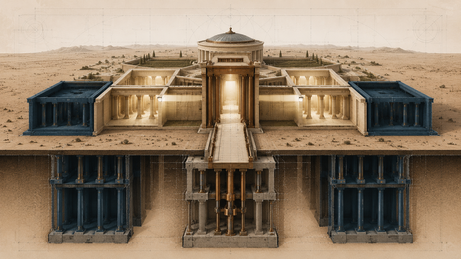Architectural illustration showing a constitutional archive with illuminated chambers representing the limited scope of a judicial search warrant.