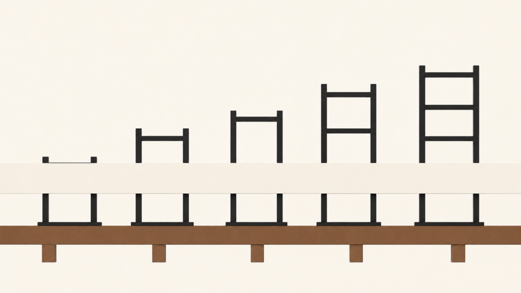 Minimalist architectural illustration showing partially obscured structural forms connected to a grounded beam representing unseen progress.