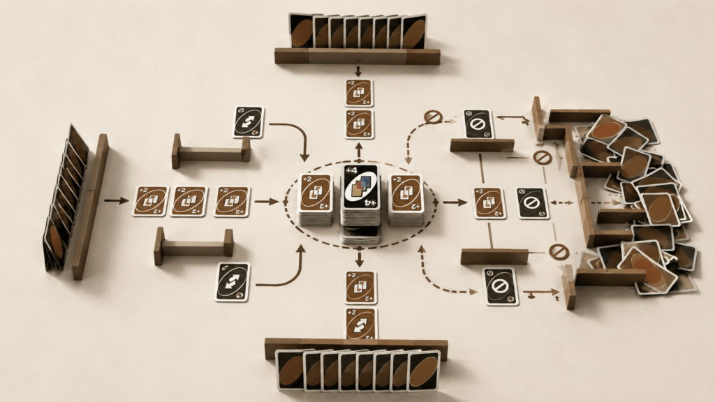 Top-down editorial illustration of Uno-style cards arranged like a system map with bottlenecks, redirects, and controlled pathways symbolizing how rules and structures shape outcomes before individual effort begins.