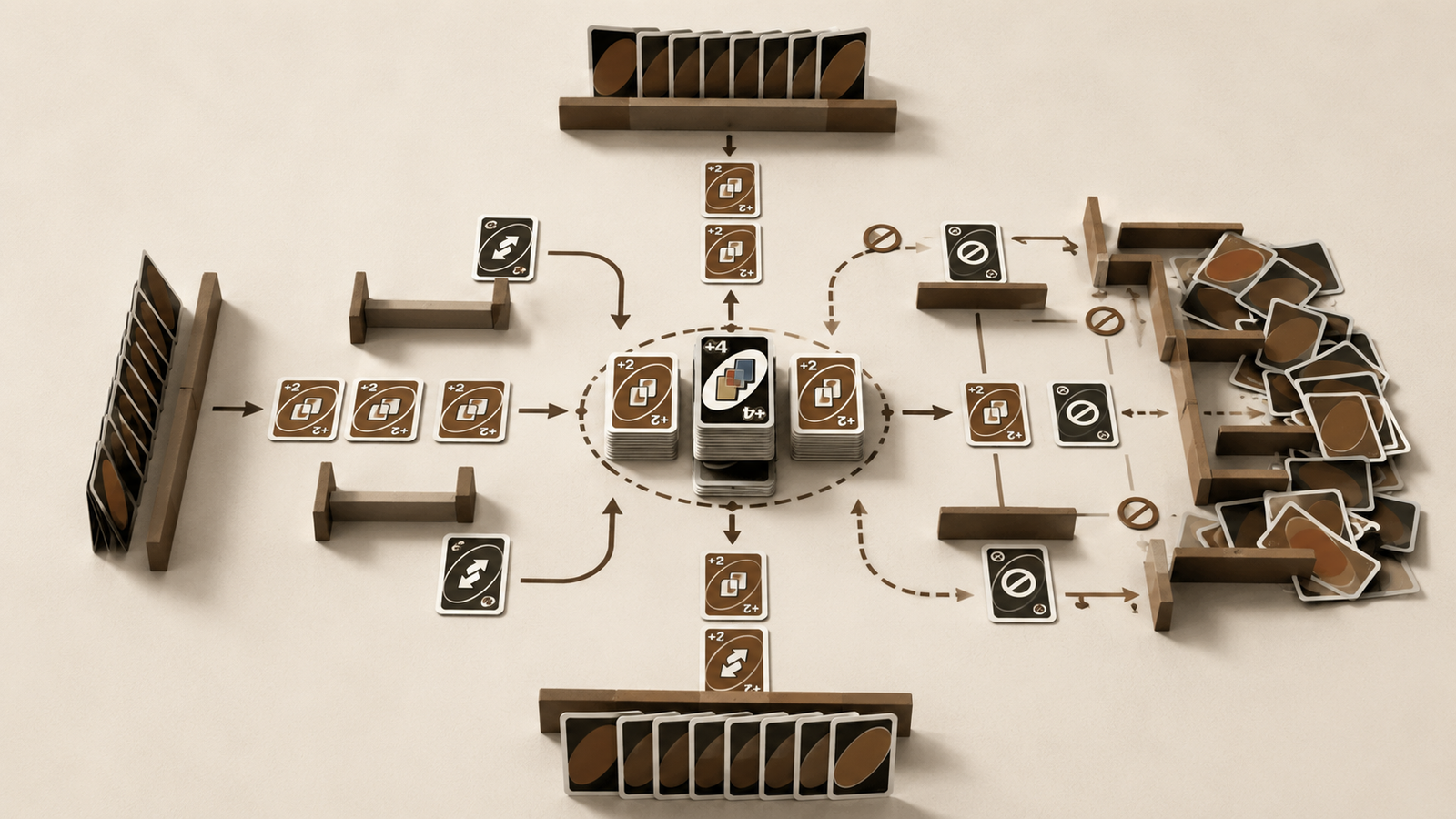 System design power shown through UNO-style cards arranged as pathways, bottlenecks, rules, and structural incentives