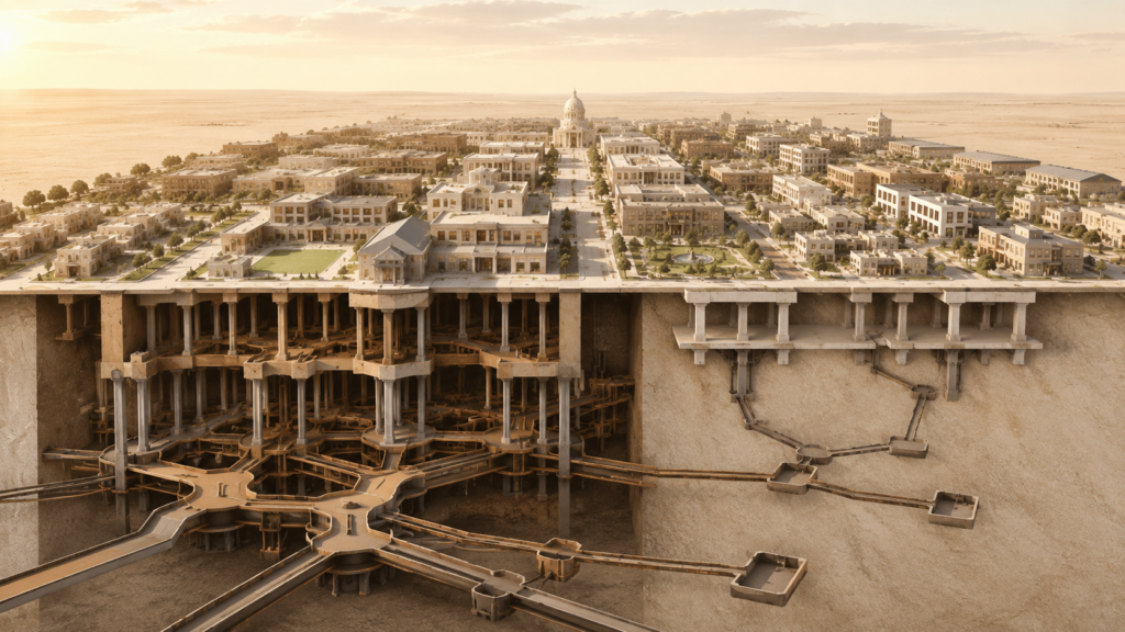 Architectural illustration showing two civic districts with dramatically different institutional foundations beneath identical neighborhoods.