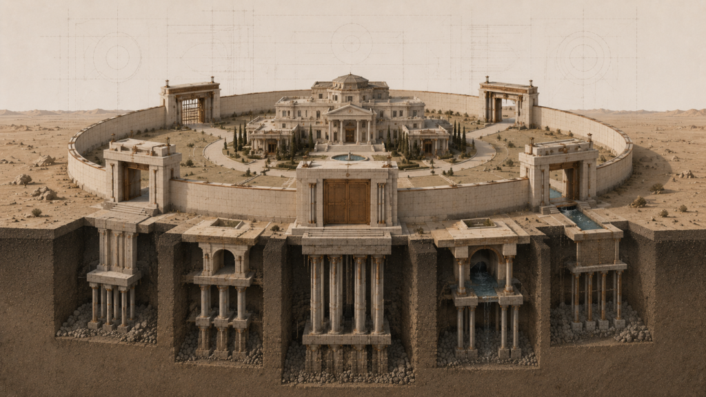 Architectural illustration of a constitutionally protected home surrounded by engineered gateways representing the limited constitutional exceptions permitting warrantless entry.