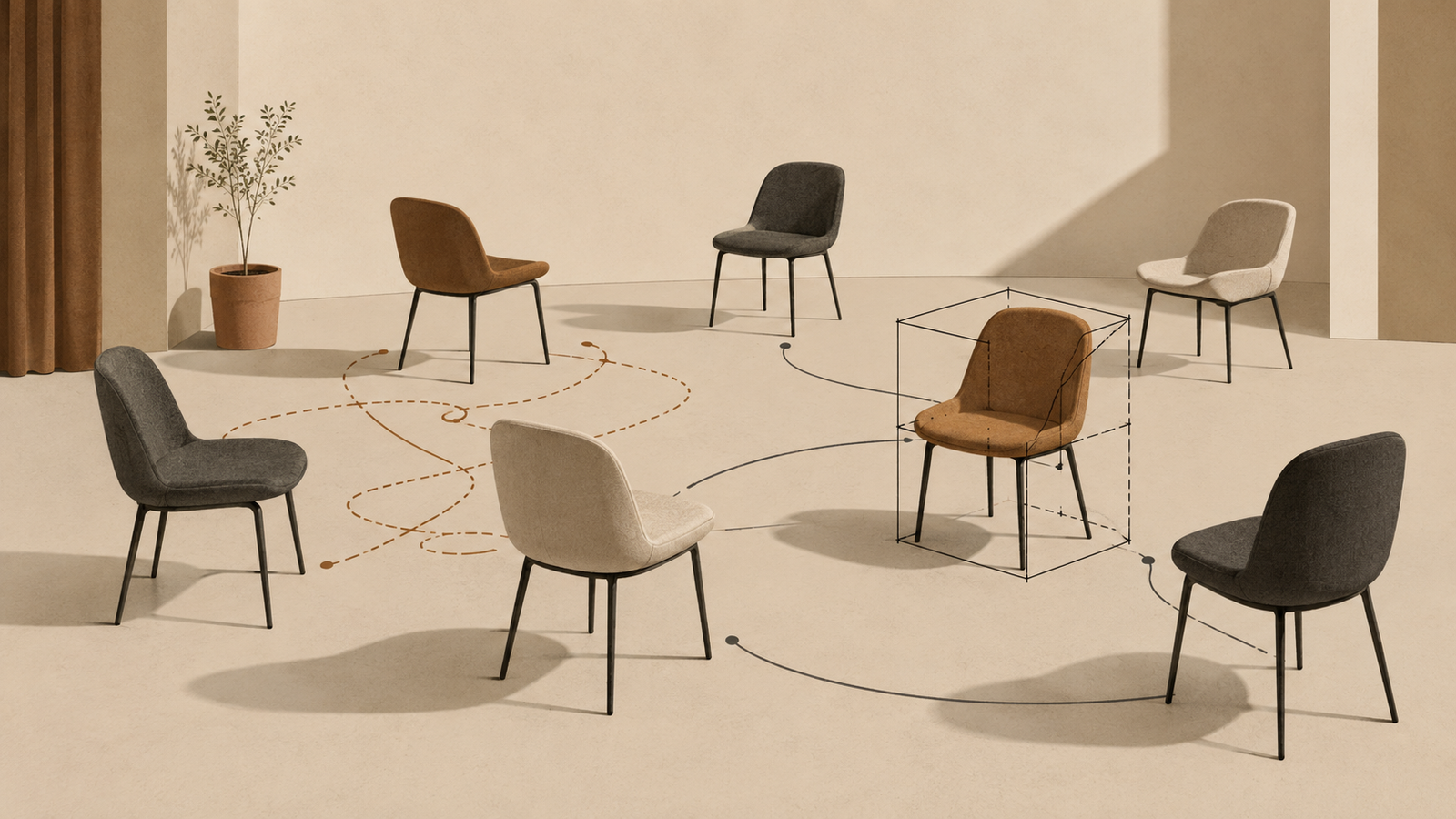 Minimalist editorial illustration representing small talk fatigue and social performance