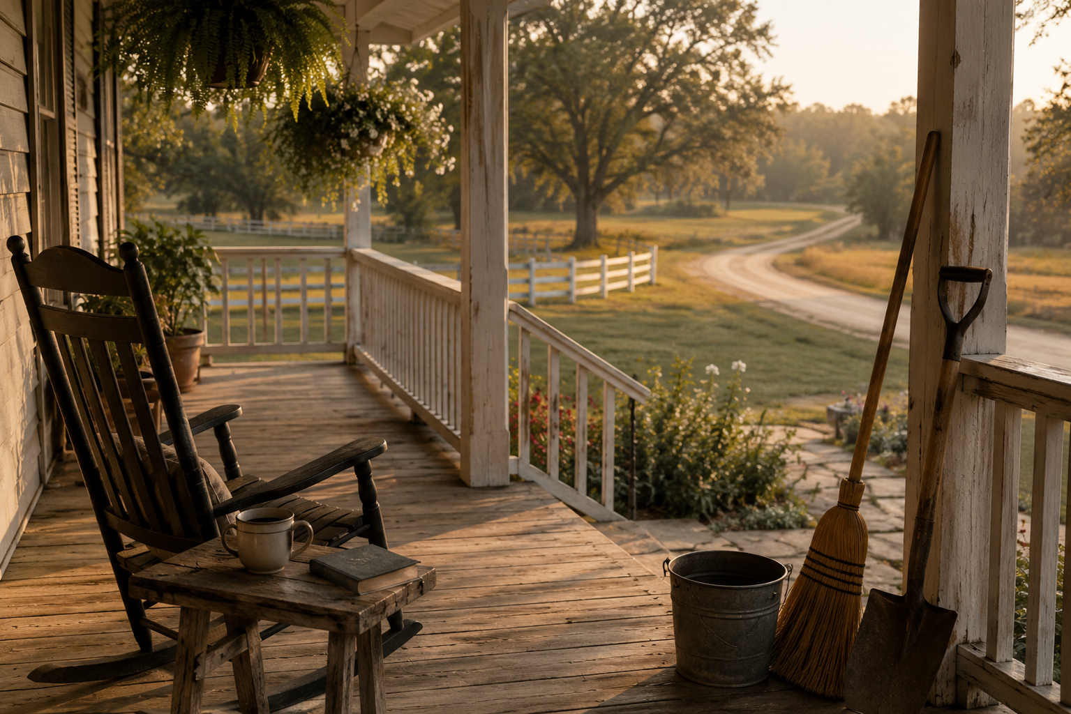 Southern front porch with a rocking chair, broom, shovel, and bucket representing quiet work ethic, maintenance, and steady responsibility.
